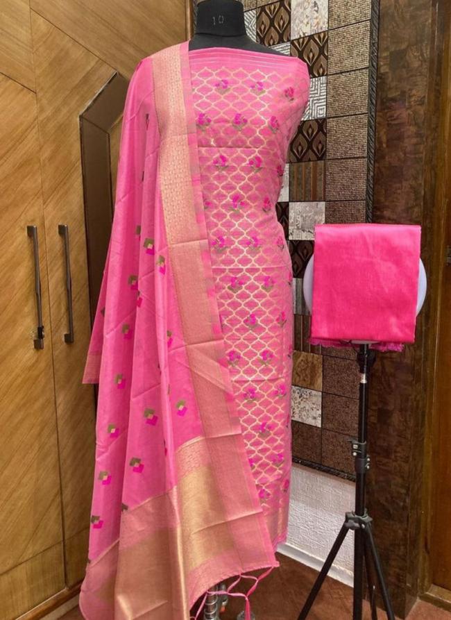 Pure Chanderi Pink Casual Wear Weaving Dress Material